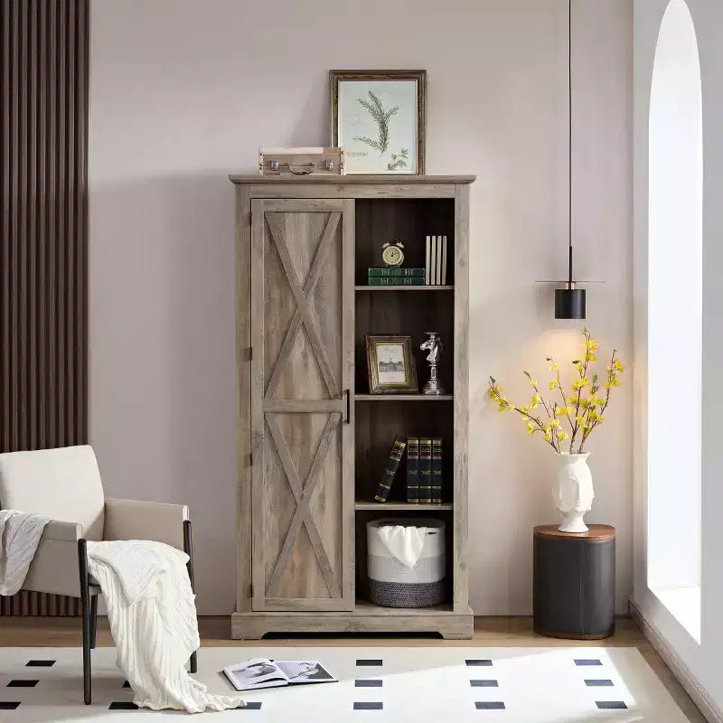 74 Tall Farmhouse Storage Cabinet, Rustic Engineered Wood Kitchen Pantry with Barn Door Style X-Door and Open Shelves - Panipeachy