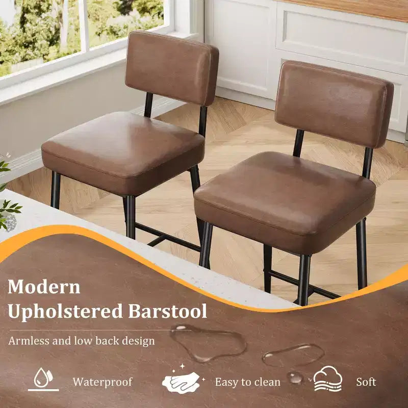 Set of 2 Counter Height Faux Leather Bar Stools with Footrest, Metal Legs