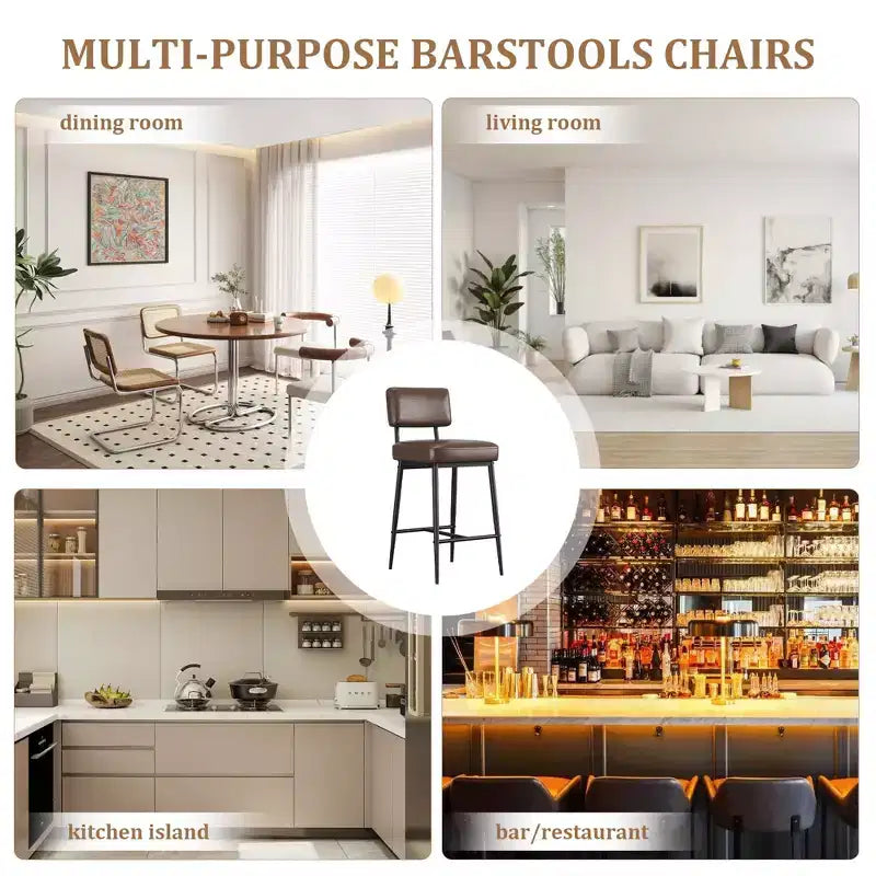 Set of 2 Counter Height Faux Leather Bar Stools with Footrest, Metal Legs