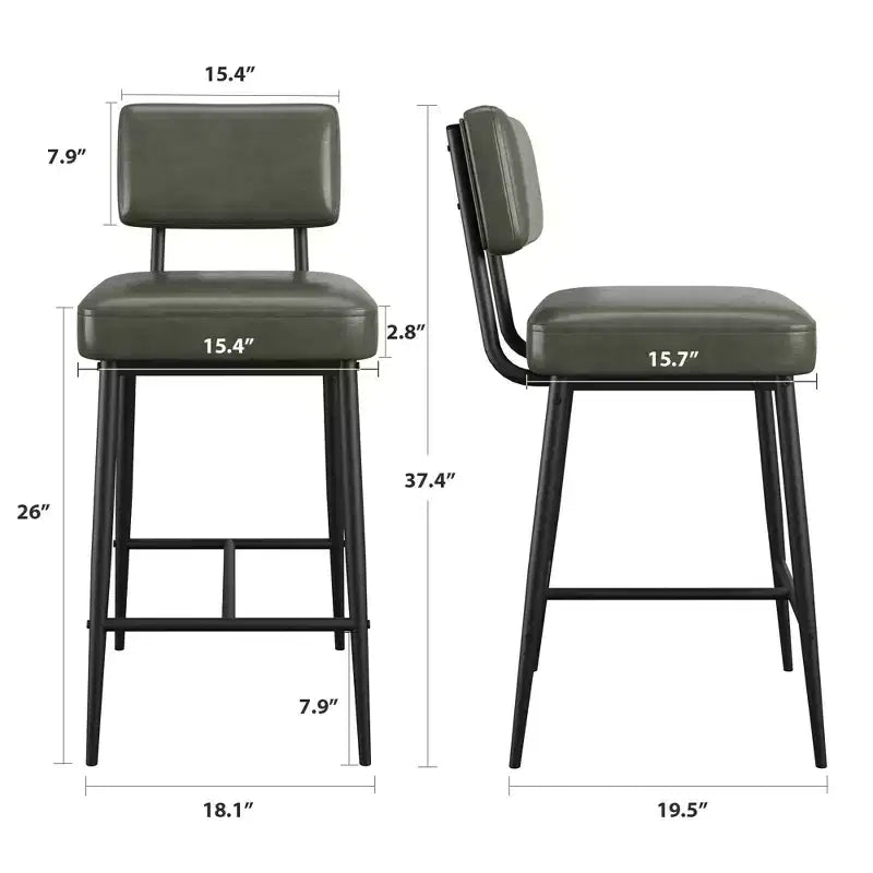 Set of 2 Counter Height Faux Leather Bar Stools with Footrest, Metal Legs