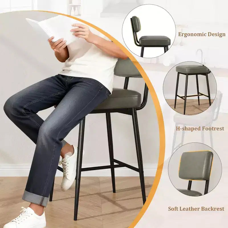 Set of 2 Counter Height Faux Leather Bar Stools with Footrest, Metal Legs