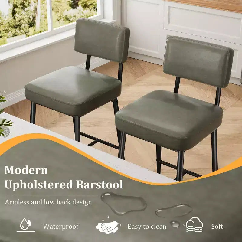 Set of 2 Counter Height Faux Leather Bar Stools with Footrest, Metal Legs