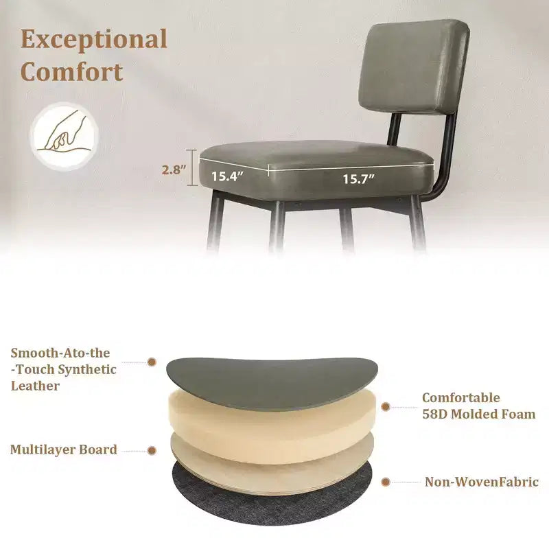 Set of 2 Counter Height Faux Leather Bar Stools with Footrest, Metal Legs