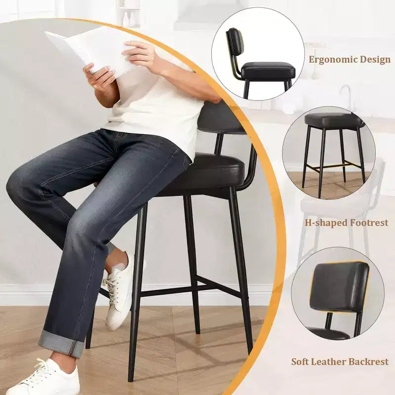 Set of 2 Counter Height Faux Leather Bar Stools with Footrest, Metal Legs