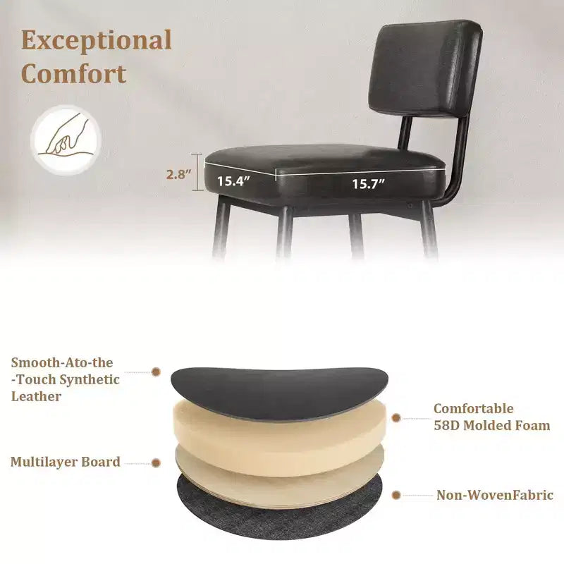 Set of 2 Counter Height Faux Leather Bar Stools with Footrest, Metal Legs