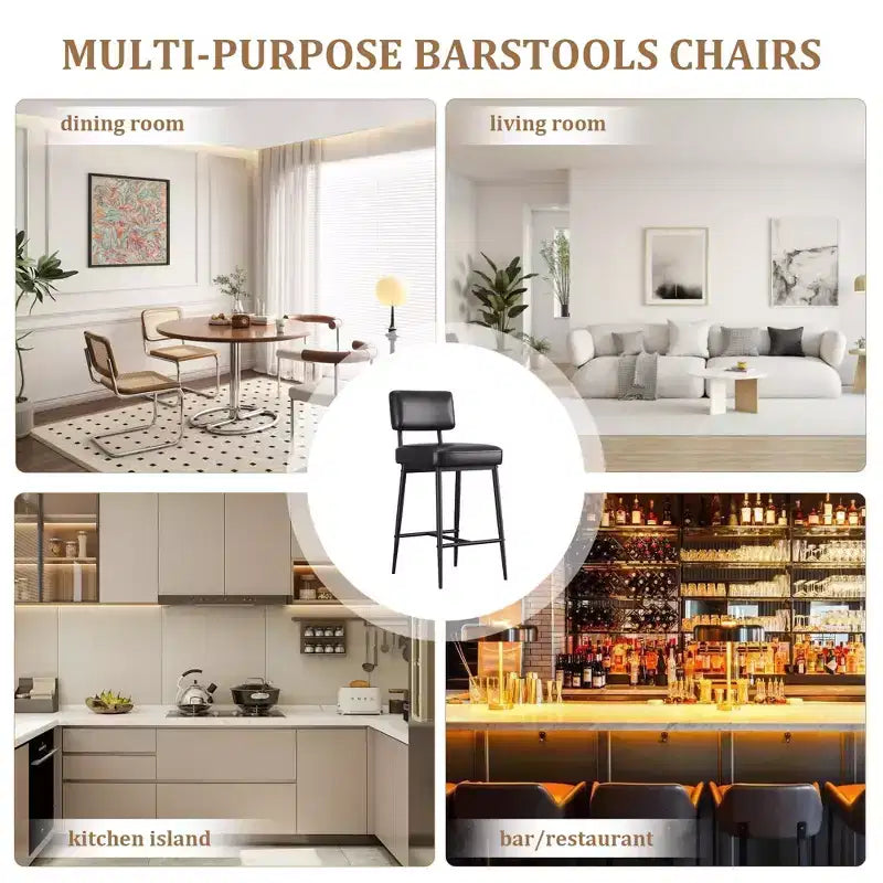 Set of 2 Counter Height Faux Leather Bar Stools with Footrest, Metal Legs