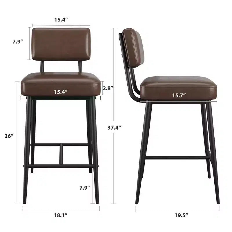 Set of 2 Counter Height Faux Leather Bar Stools with Footrest, Metal Legs