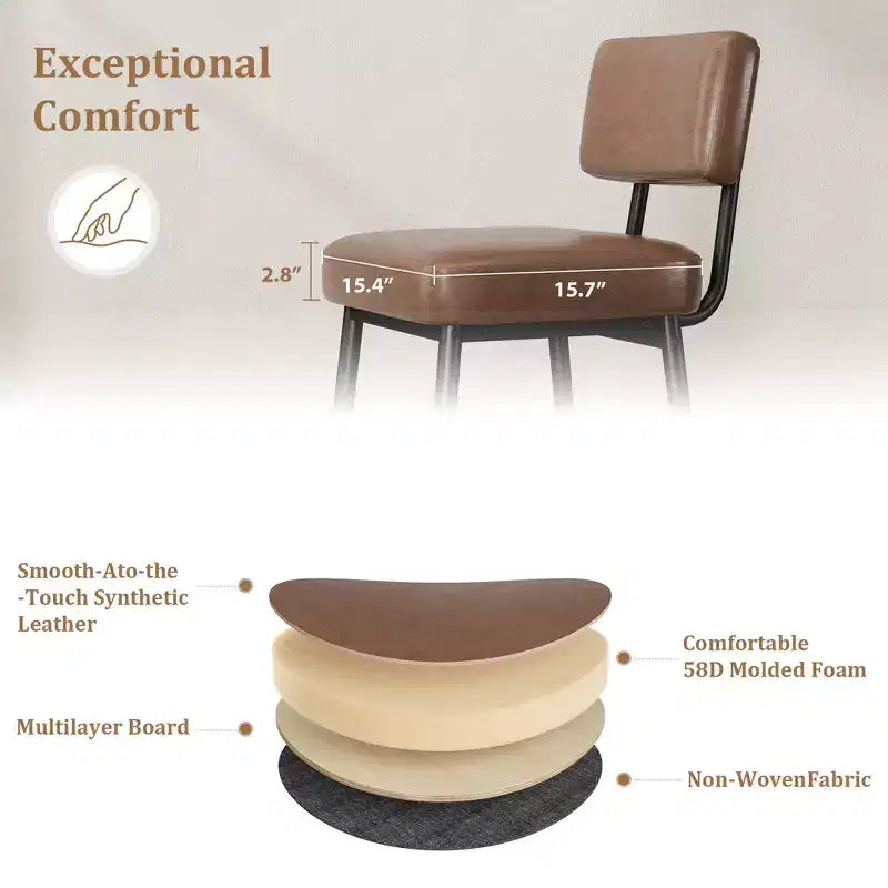 Set of 2 Counter Height Faux Leather Bar Stools with Footrest, Metal Legs