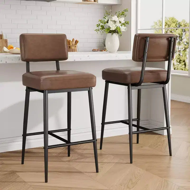 Set of 2 Counter Height Faux Leather Bar Stools with Footrest, Metal Legs