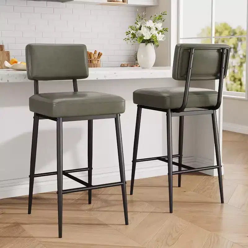 Set of 2 Counter Height Faux Leather Bar Stools with Footrest, Metal Legs