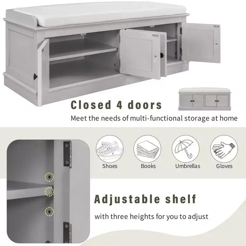 43-Inch Upholstered Entryway Storage Bench with 4 Doors and Adjustable Shelf