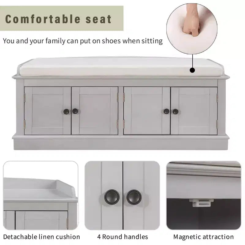 43-Inch Upholstered Entryway Storage Bench with 4 Doors and Adjustable Shelf