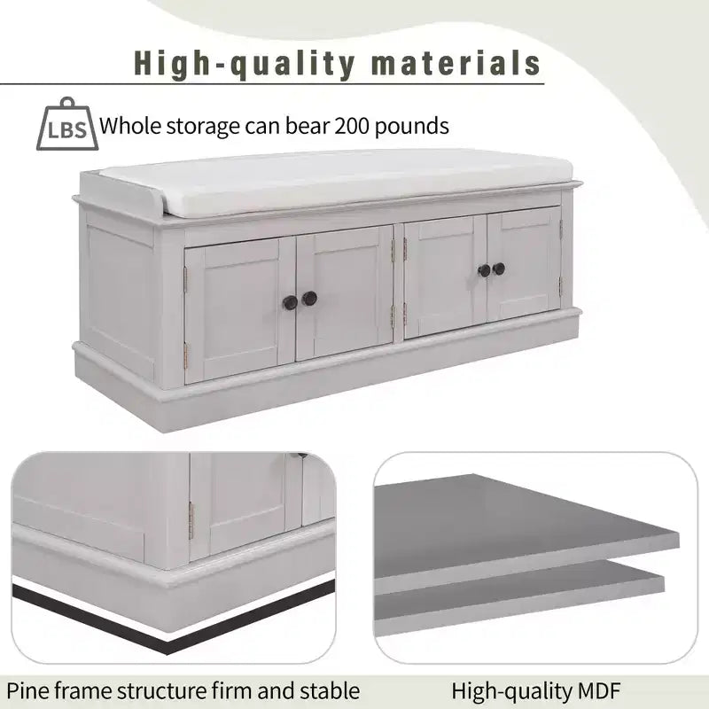 43-Inch Upholstered Entryway Storage Bench with 4 Doors and Adjustable Shelf