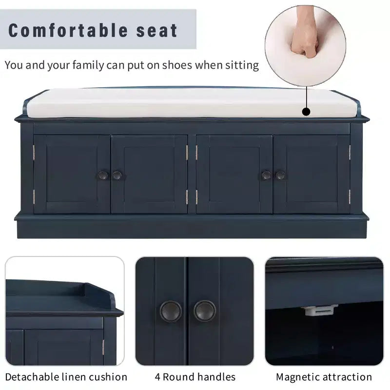 43-Inch Upholstered Entryway Storage Bench with 4 Doors and Adjustable Shelf