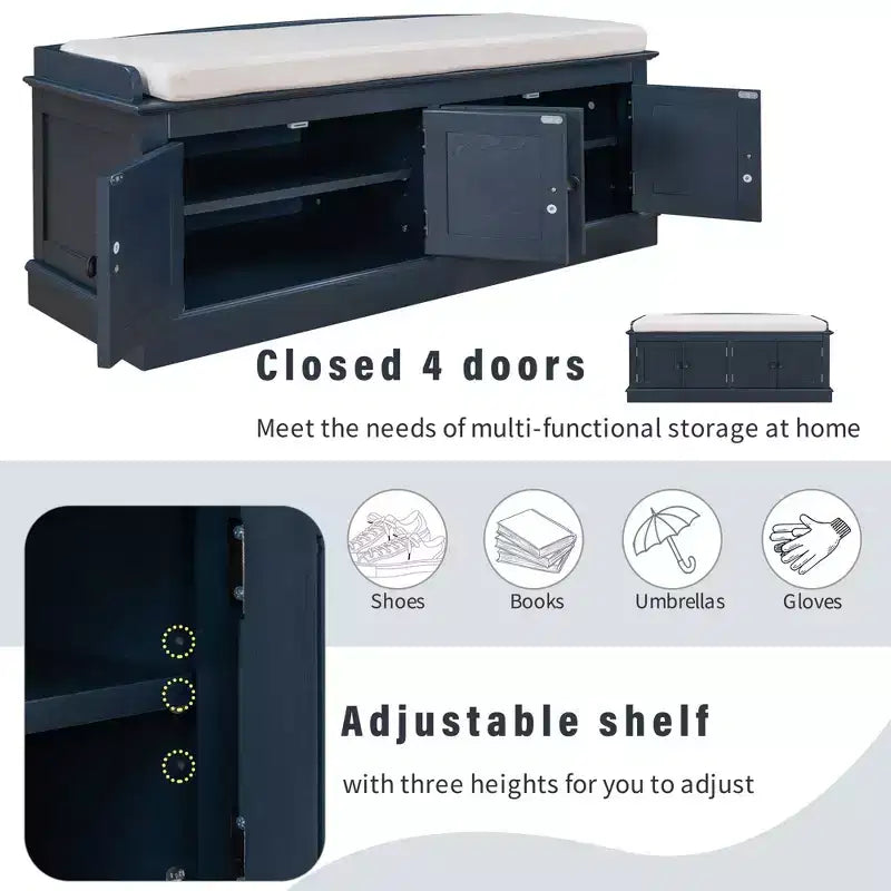 43-Inch Upholstered Entryway Storage Bench with 4 Doors and Adjustable Shelf