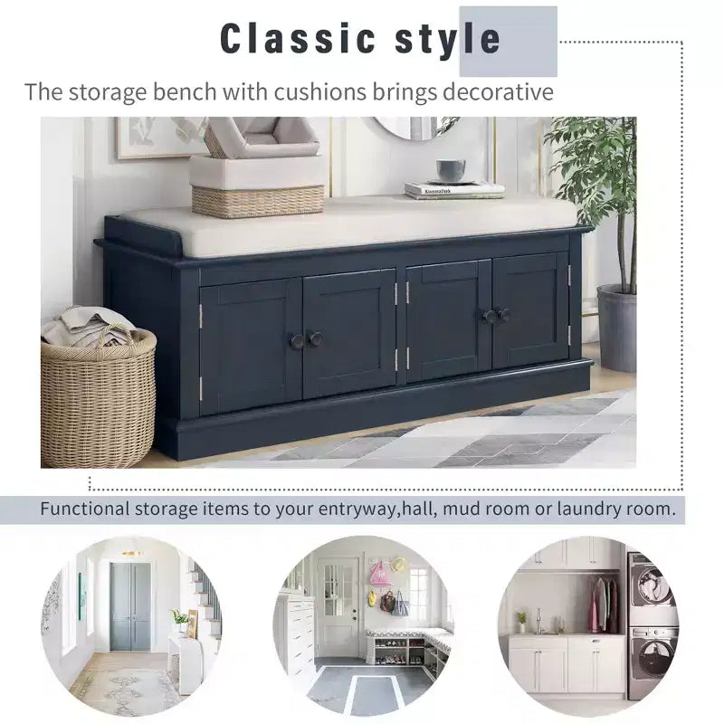 43-Inch Upholstered Entryway Storage Bench with 4 Doors and Adjustable Shelf