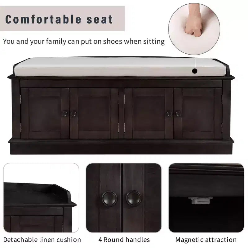 43-Inch Upholstered Entryway Storage Bench with 4 Doors and Adjustable Shelf