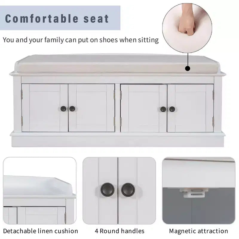 43-Inch Upholstered Entryway Storage Bench with 4 Doors and Adjustable Shelf