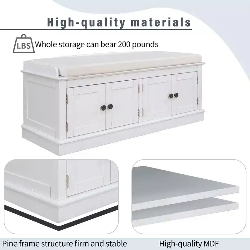 43-Inch Upholstered Entryway Storage Bench with 4 Doors and Adjustable Shelf