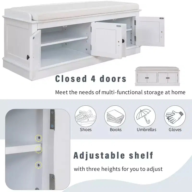 43-Inch Upholstered Entryway Storage Bench with 4 Doors and Adjustable Shelf