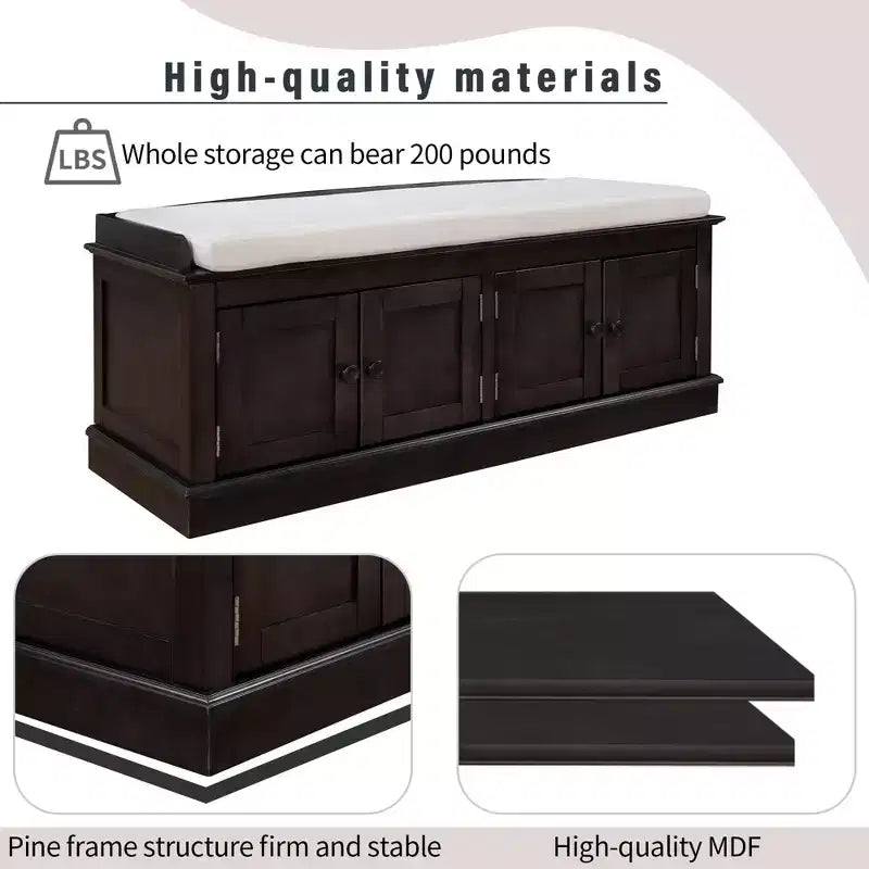 43-Inch Upholstered Entryway Storage Bench with 4 Doors and Adjustable Shelf