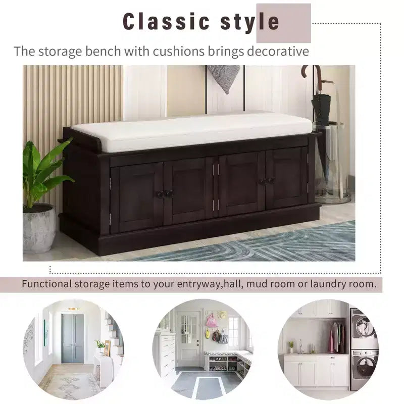 43-Inch Upholstered Entryway Storage Bench with 4 Doors and Adjustable Shelf