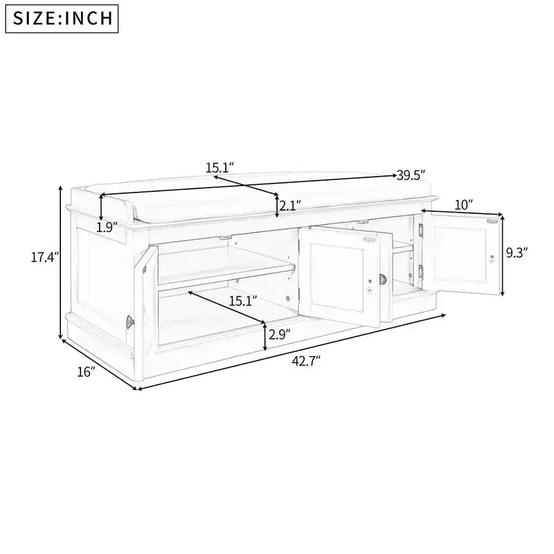 43-Inch Upholstered Entryway Storage Bench with 4 Doors and Adjustable Shelf