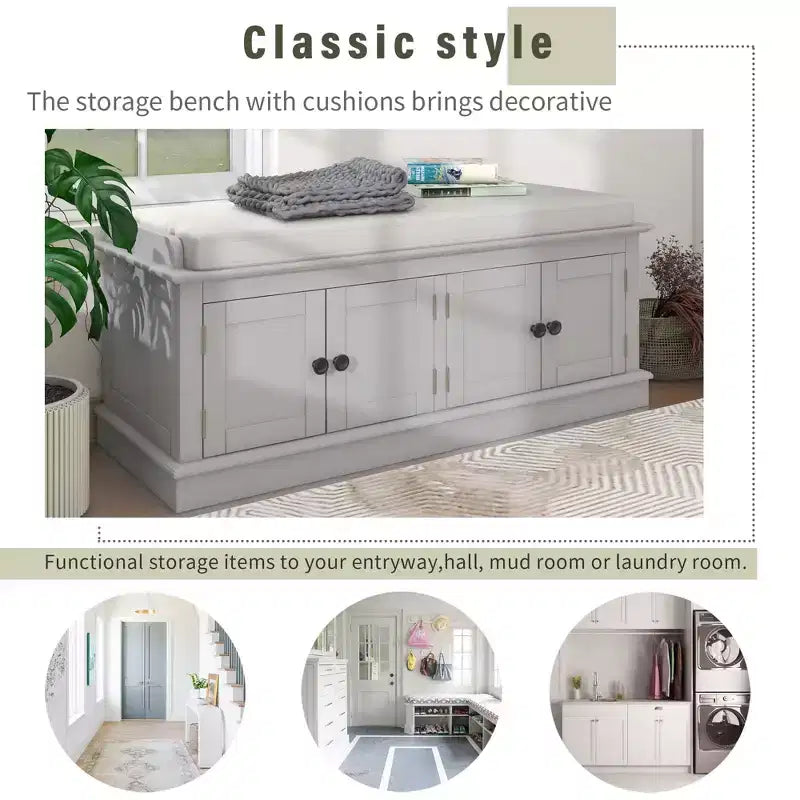 43-Inch Upholstered Entryway Storage Bench with 4 Doors and Adjustable Shelf