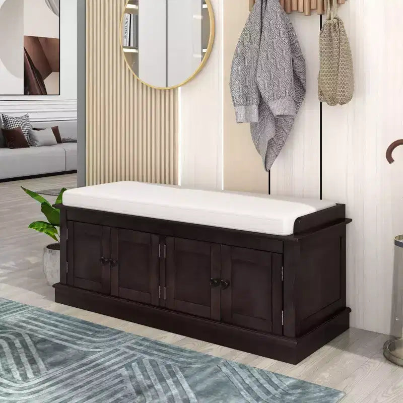 43-Inch Upholstered Entryway Storage Bench with 4 Doors and Adjustable Shelf