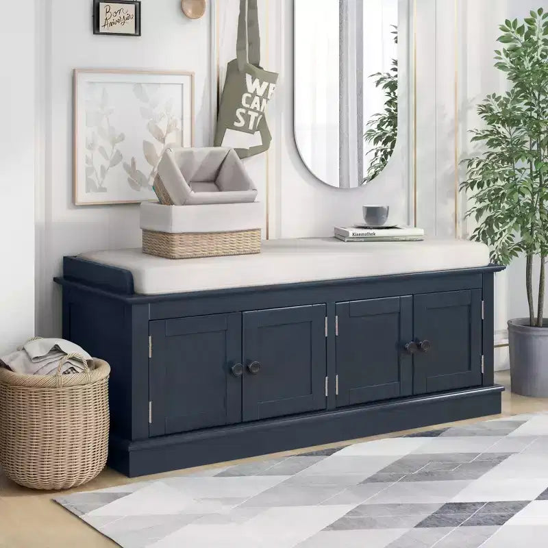 43-Inch Upholstered Entryway Storage Bench with 4 Doors and Adjustable Shelf