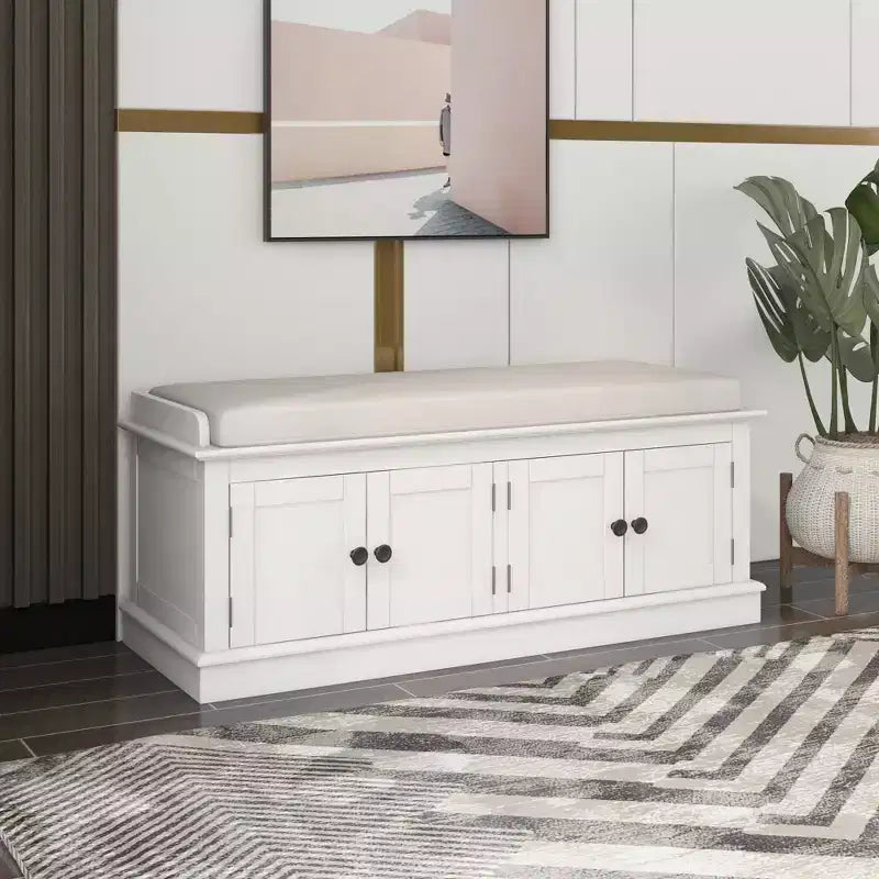 43-Inch Upholstered Entryway Storage Bench with 4 Doors and Adjustable Shelf