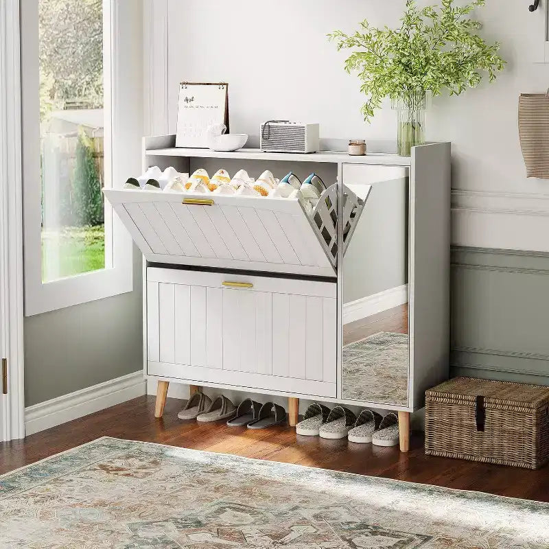 White Shoe Cabinet with Full-Length Mirror, 2 Flip Drawers, and Side Storage