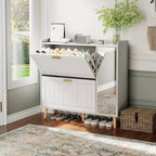 White Shoe Cabinet with Full-Length Mirror, 2 Flip Drawers, and Side Storage