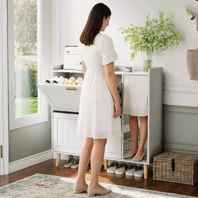 White Shoe Cabinet with Full-Length Mirror, 2 Flip Drawers, and Side Storage