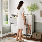White Shoe Cabinet with Full-Length Mirror, 2 Flip Drawers, and Side Storage