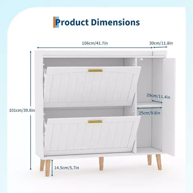 White Shoe Cabinet with Full-Length Mirror, 2 Flip Drawers, and Side Storage