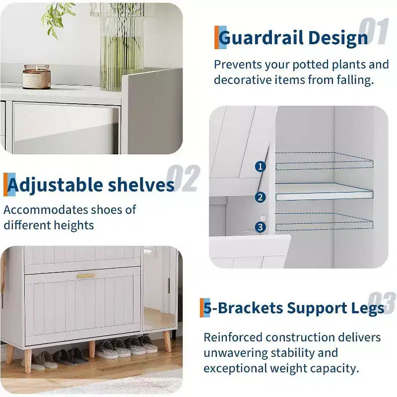 White Shoe Cabinet with Full-Length Mirror, 2 Flip Drawers, and Side Storage