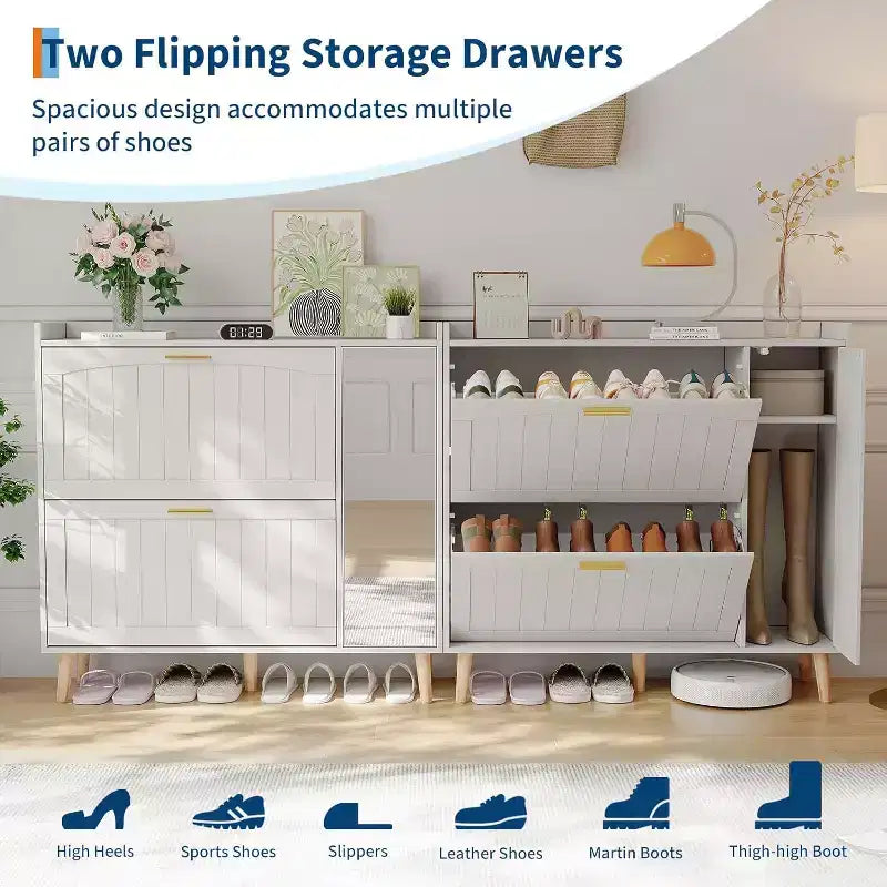 White Shoe Cabinet with Full-Length Mirror, 2 Flip Drawers, and Side Storage