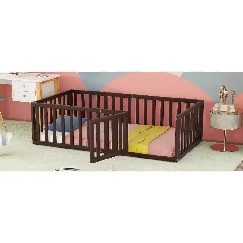 Twin Kids Floor Bed with Fence and Door, Solid Pine Wood, Walnut Finish