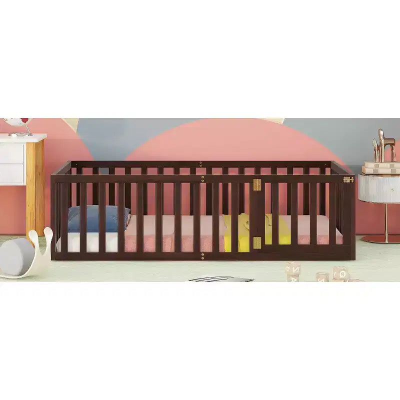 Twin Kids Floor Bed with Fence and Door, Solid Pine Wood, Walnut Finish