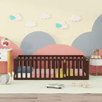 Twin Kids Floor Bed with Fence and Door, Solid Pine Wood, Walnut Finish