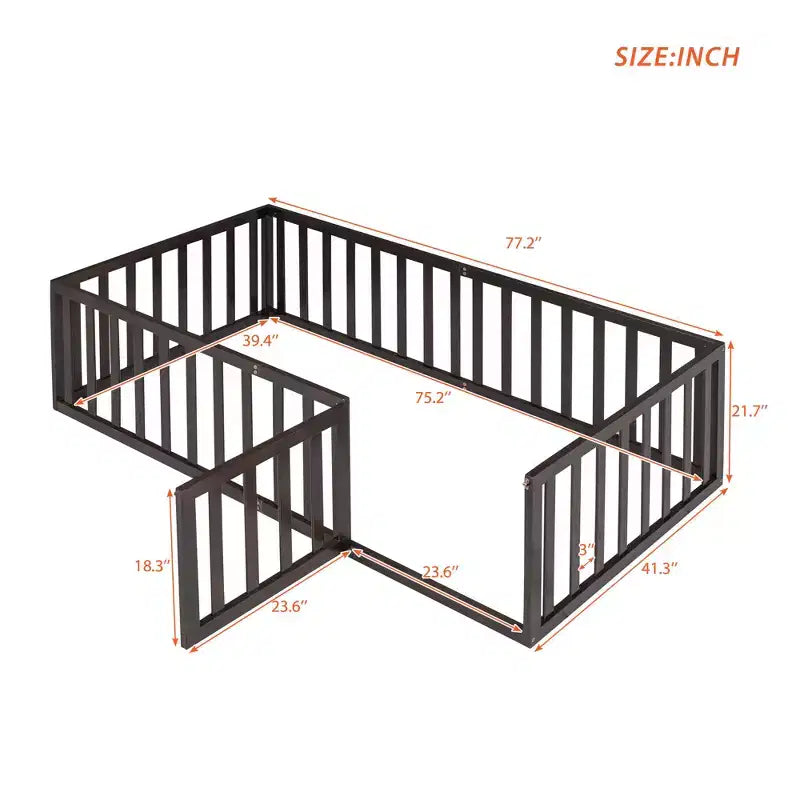 Twin Kids Floor Bed with Fence and Door, Solid Pine Wood, Walnut Finish