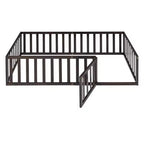 Twin Kids Floor Bed with Fence and Door, Solid Pine Wood, Walnut Finish