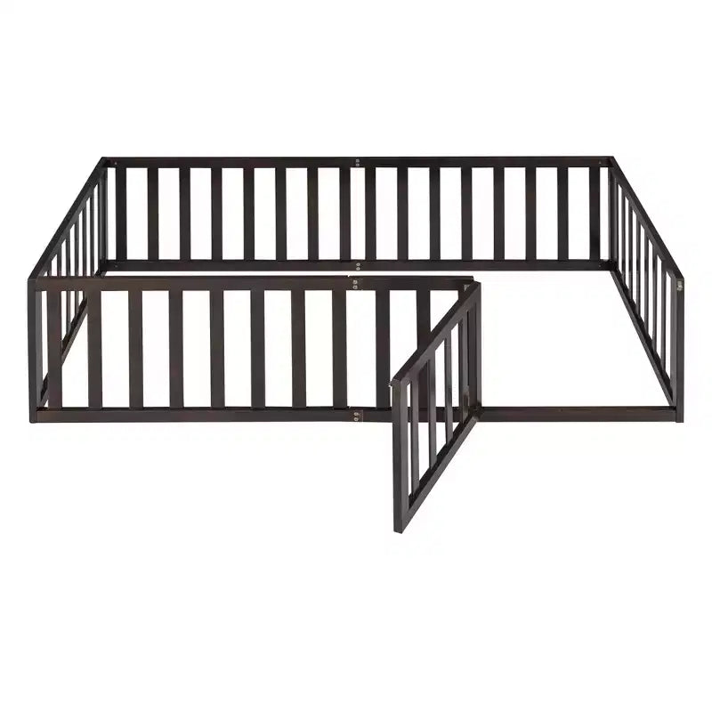 Twin Kids Floor Bed with Fence and Door, Solid Pine Wood, Walnut Finish