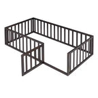 Twin Kids Floor Bed with Fence and Door, Solid Pine Wood, Walnut Finish