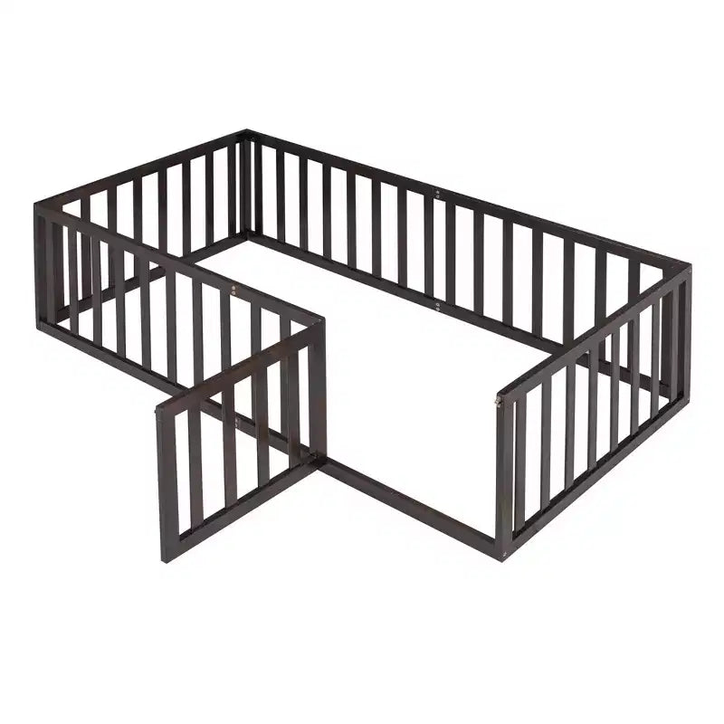 Twin Kids Floor Bed with Fence and Door, Solid Pine Wood, Walnut Finish