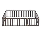 Twin Kids Floor Bed with Fence and Door, Solid Pine Wood, Walnut Finish