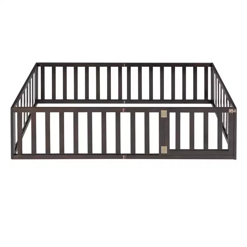 Twin Kids Floor Bed with Fence and Door, Solid Pine Wood, Walnut Finish