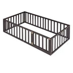 Twin Kids Floor Bed with Fence and Door, Solid Pine Wood, Walnut Finish
