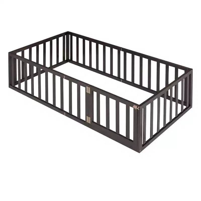 Twin Kids Floor Bed with Fence and Door, Solid Pine Wood, Walnut Finish